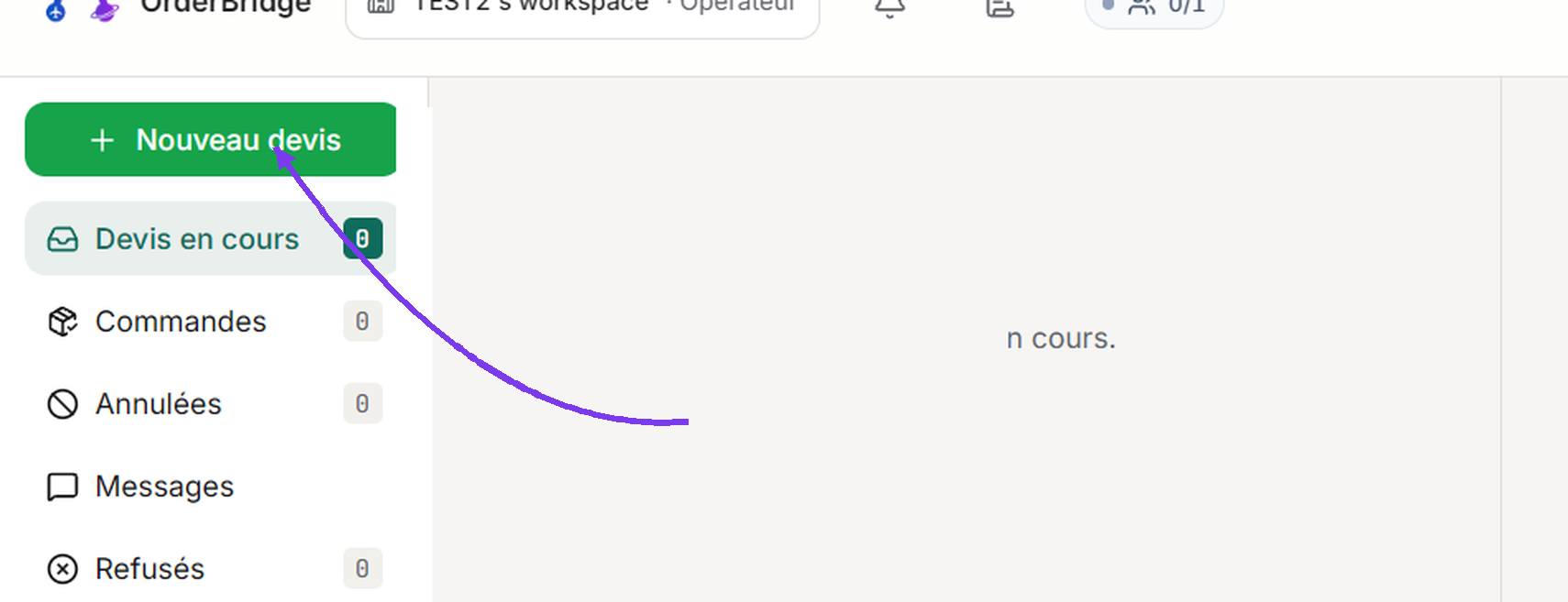 Bouton Nouveau devis dans l'application OrderBridge