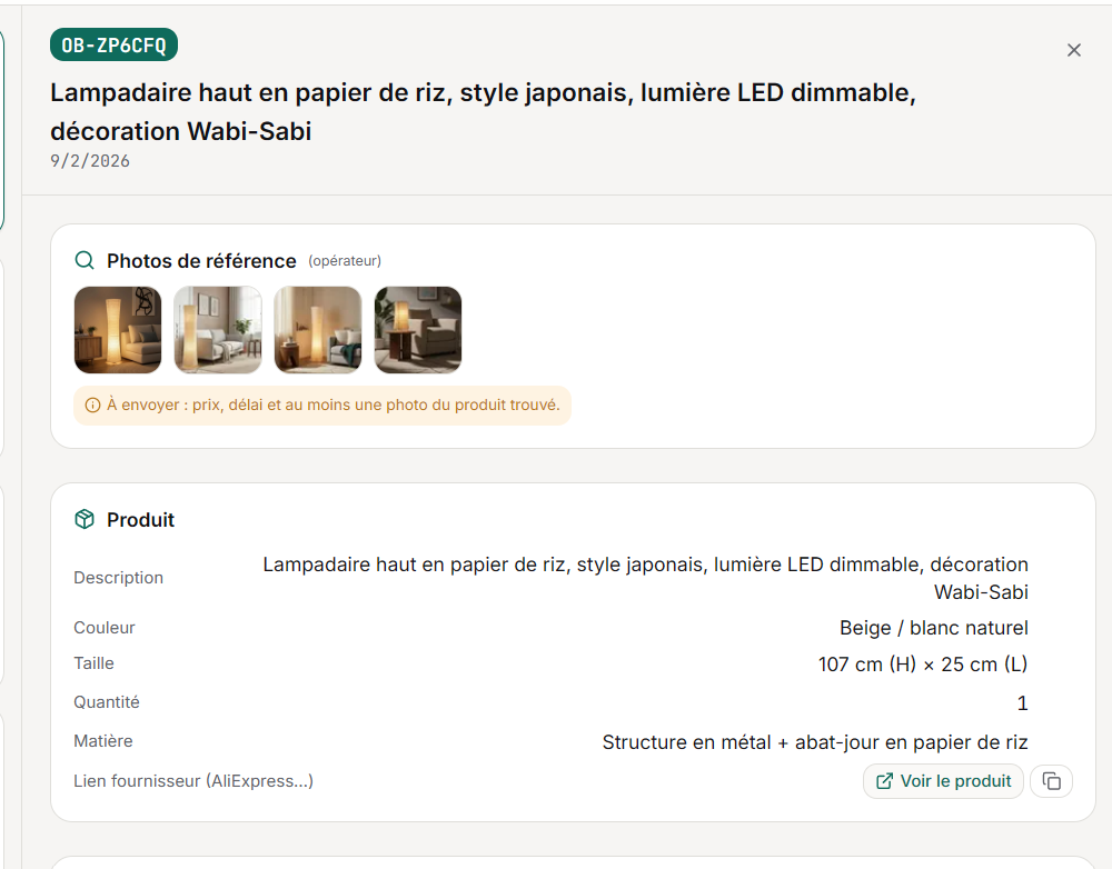 Informations produit renseignées dans un devis OrderBridge