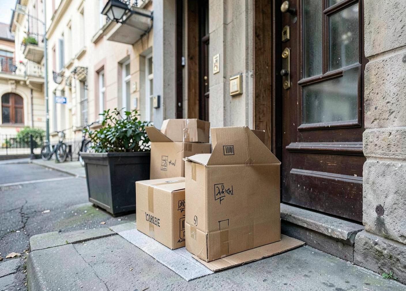 Illustration de colis livrés devant un immeuble