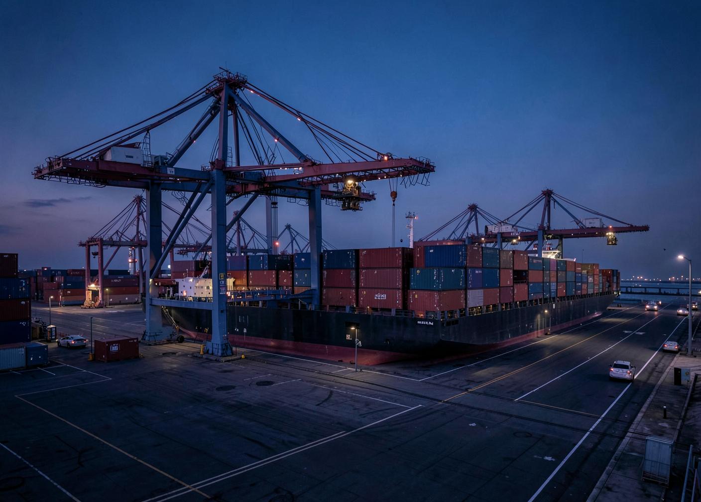 Illustration de portiques chargeant un porte-conteneurs au port