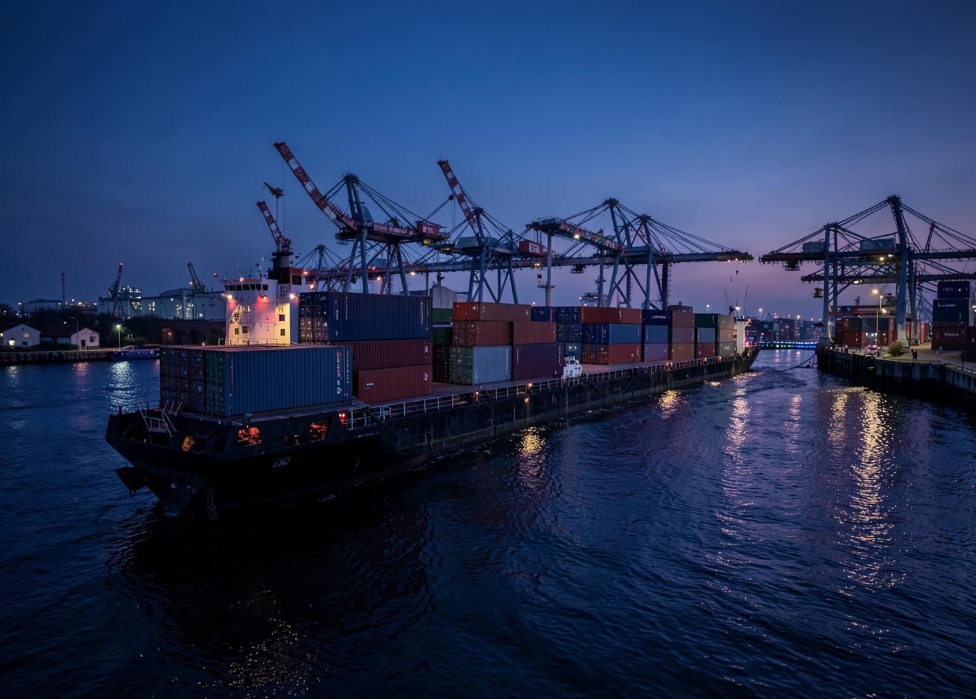 Illustration d'une barge transportant des conteneurs vers un terminal